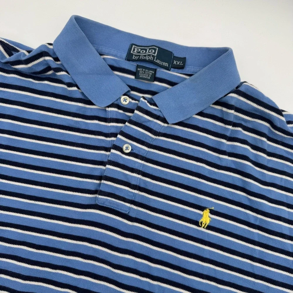 Polo Ralph Lauren Mens XXL Blue Striped Short‎ Sleeve Cotton Pique Polo Shirt